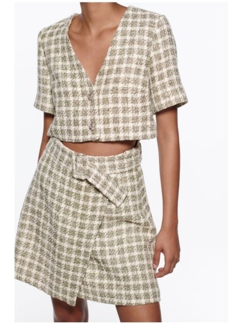 Zara Olive and Cream Houndstooth Mini Skirt Set